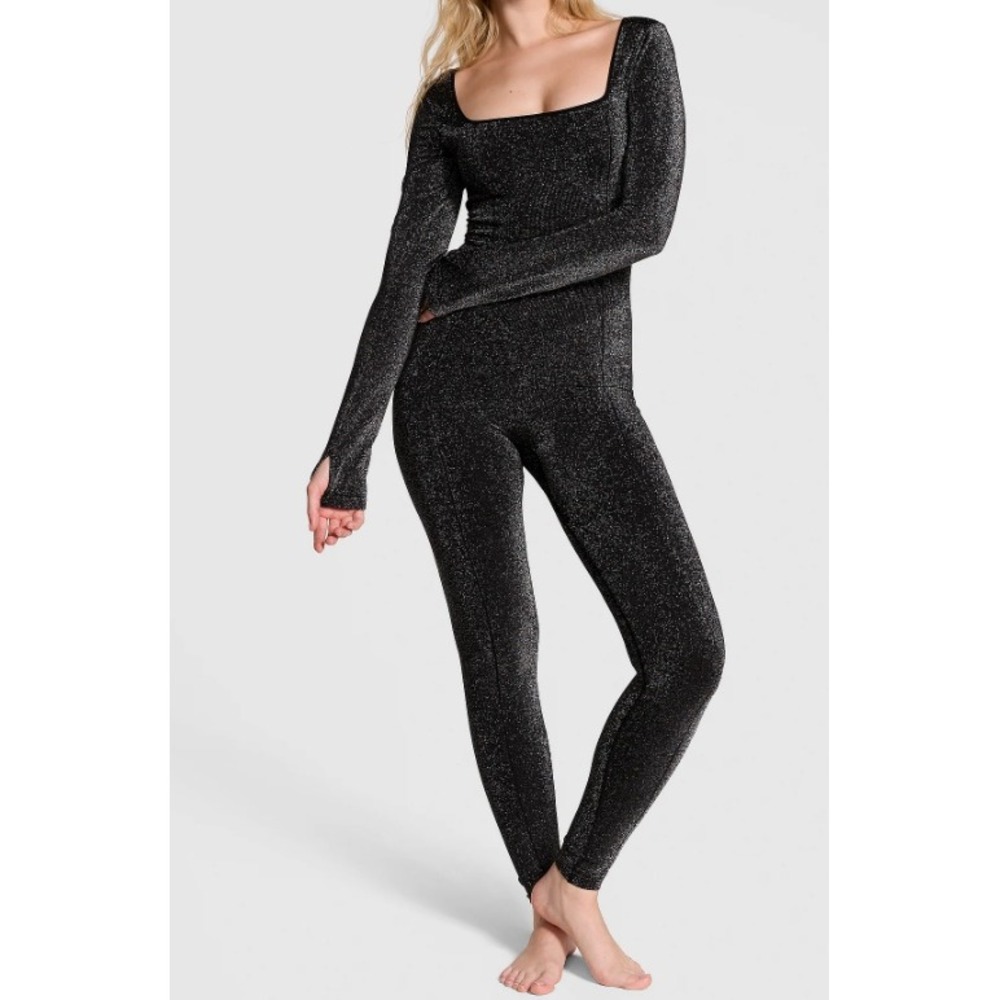 PINK Victoria's Secret Sparkle Square Neck Long Sleeve‎ Jumpsuit Black S P